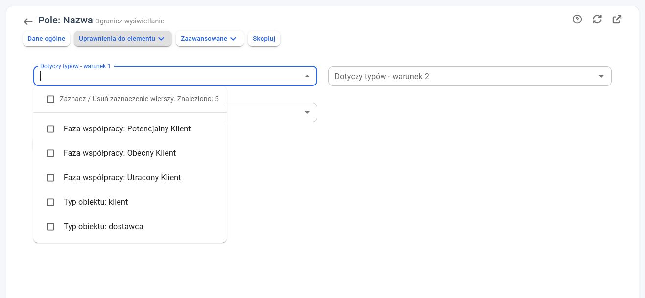 Warunki wyświetlania elementu i warianty pola Faza współpracy