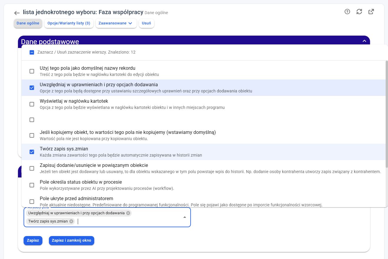 Atrybut pola Pole określa status obiektu w procesie