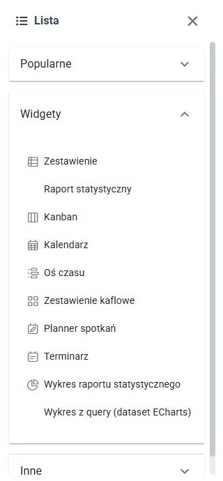 Lista widgetów formularza z opcją Wykres z query dataset ECharts.