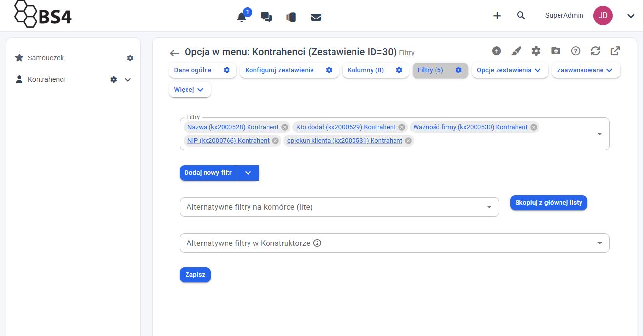 Edytor filtrów zestawienia z polem Alternatywne filtry na komórce (lite)