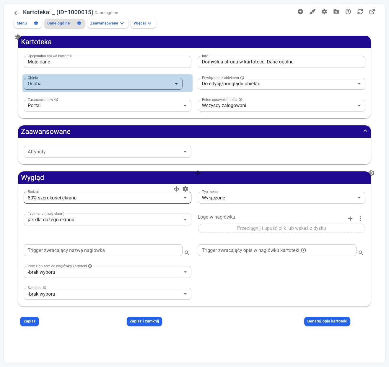 Ustawienia kartoteki Moje dane: zastosowanie Portal i pełne uprawnienia dla wszystkich zalogowanych